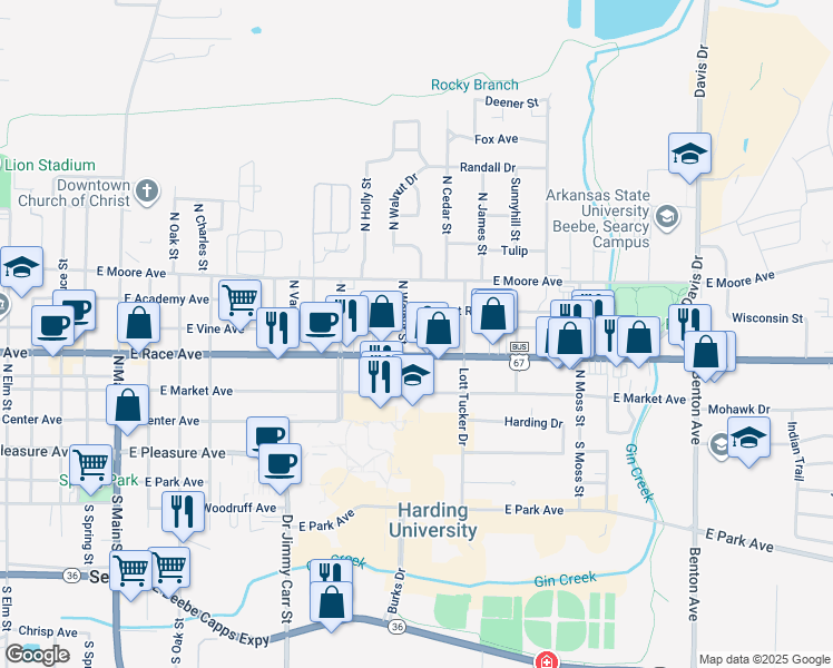map of restaurants, bars, coffee shops, grocery stores, and more near 1100 East Race Avenue in Searcy