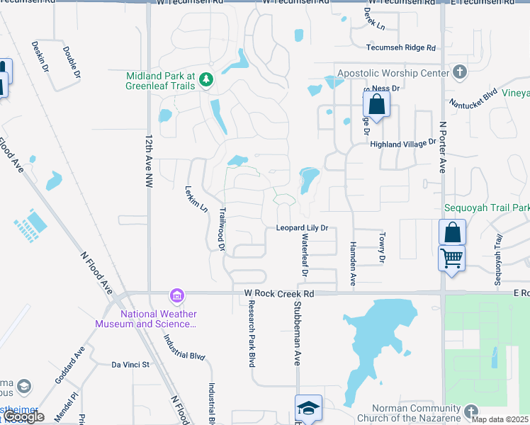 map of restaurants, bars, coffee shops, grocery stores, and more near 2709 Leopard Lily Drive in Norman