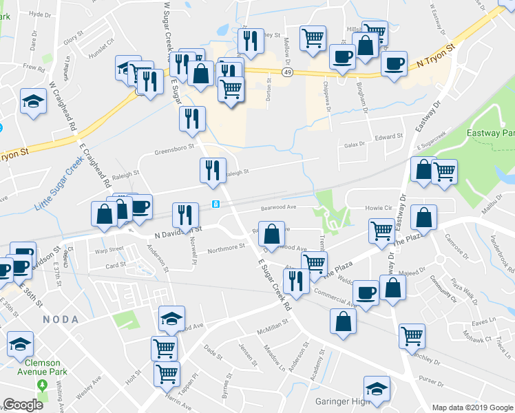 map of restaurants, bars, coffee shops, grocery stores, and more near 3929 Bearwood Avenue in Charlotte