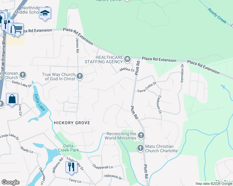 map of restaurants, bars, coffee shops, grocery stores, and more near 8214 Terra Linda Lane in Charlotte