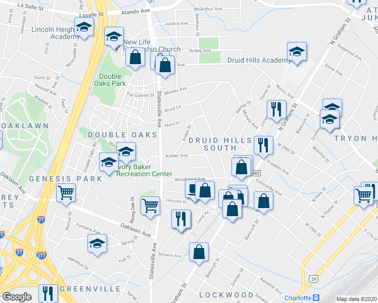 map of restaurants, bars, coffee shops, grocery stores, and more near 1030 Kohler Avenue in Charlotte
