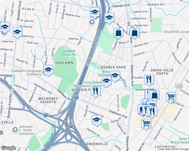 map of restaurants, bars, coffee shops, grocery stores, and more near 2112 Rush Wind Dr in Charlotte