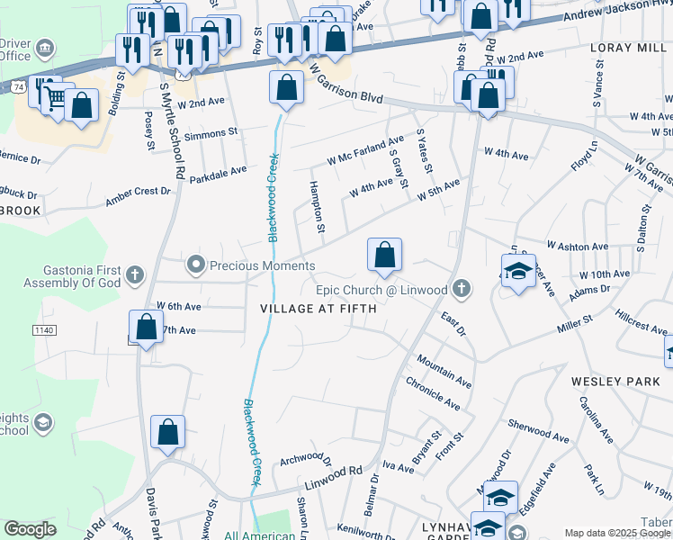 map of restaurants, bars, coffee shops, grocery stores, and more near 1424 Logan Patrick Court in Gastonia
