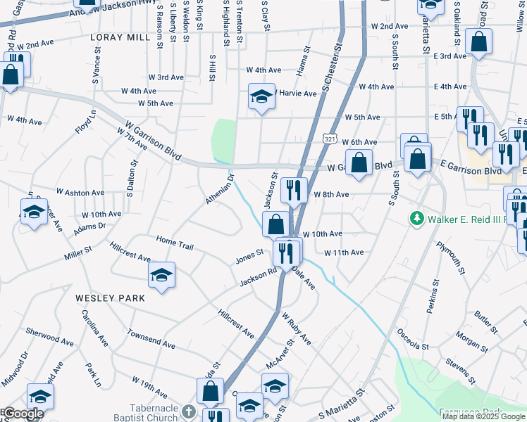 map of restaurants, bars, coffee shops, grocery stores, and more near 831 Jackson Street in Gastonia