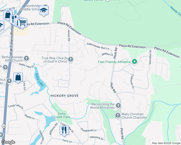 map of restaurants, bars, coffee shops, grocery stores, and more near 8200 Gera Emma Drive in Charlotte