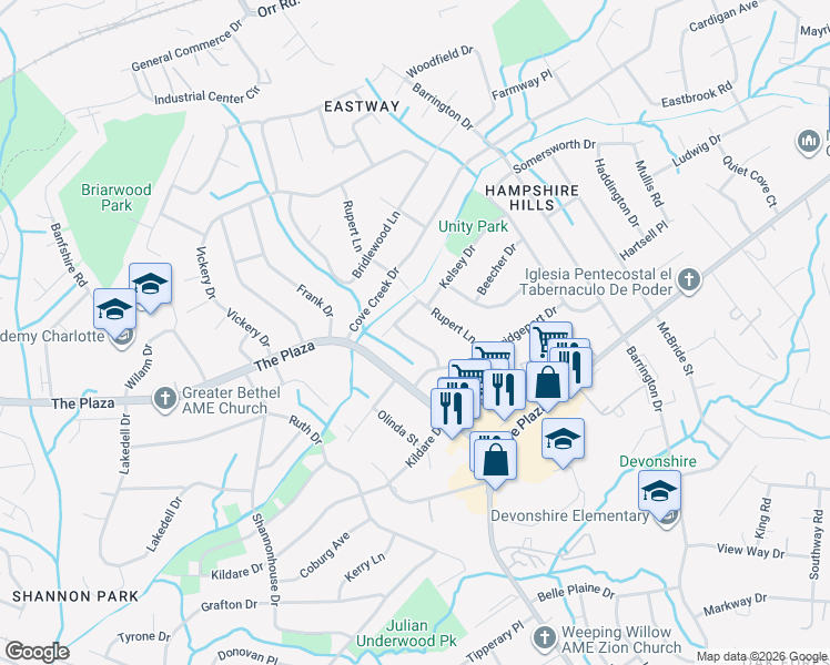 map of restaurants, bars, coffee shops, grocery stores, and more near 5715 Allenstown Drive in Charlotte