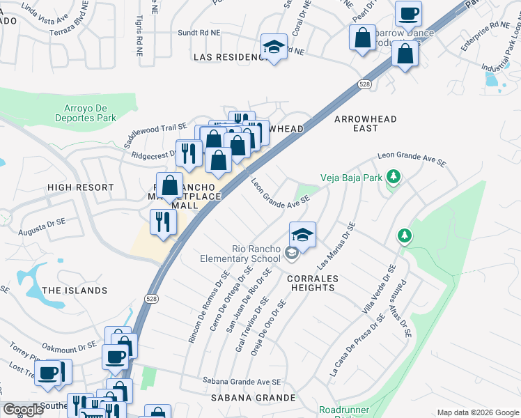 map of restaurants, bars, coffee shops, grocery stores, and more near 4107 Las Cimbras Court Southeast in Rio Rancho