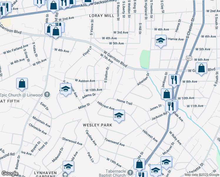 map of restaurants, bars, coffee shops, grocery stores, and more near 1010 West 10th Avenue in Gastonia