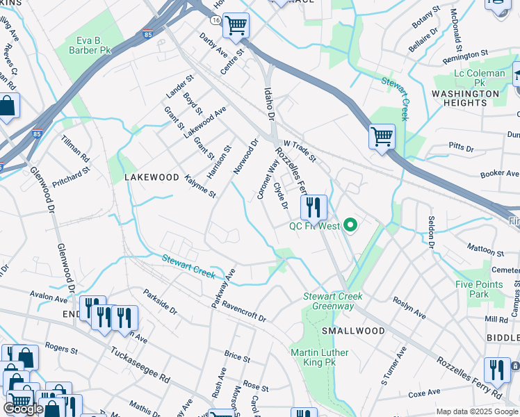 map of restaurants, bars, coffee shops, grocery stores, and more near 2933 Coronet Way in Charlotte