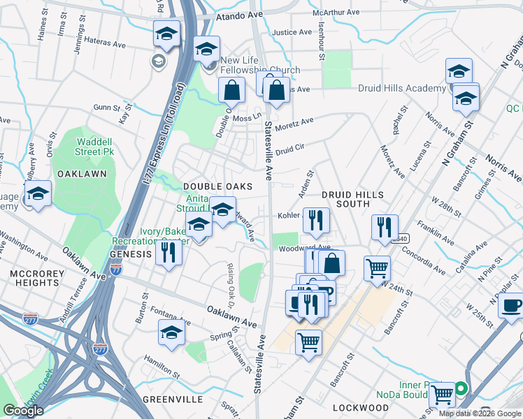 map of restaurants, bars, coffee shops, grocery stores, and more near 2219 Statesville Avenue in Charlotte