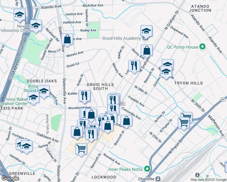 map of restaurants, bars, coffee shops, grocery stores, and more near 2347 Lucena Street in Charlotte