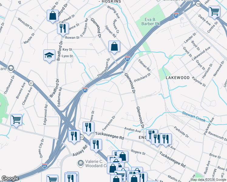 map of restaurants, bars, coffee shops, grocery stores, and more near 731 Tennyson Drive in Charlotte
