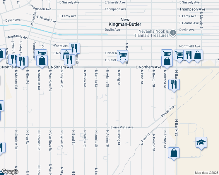 map of restaurants, bars, coffee shops, grocery stores, and more near 4410 North Adams Street in Kingman