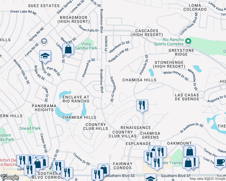 map of restaurants, bars, coffee shops, grocery stores, and more near 544 Hermit Falls Drive Southeast in Rio Rancho