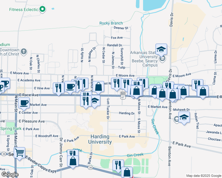 map of restaurants, bars, coffee shops, grocery stores, and more near 1313 East River Avenue in Searcy