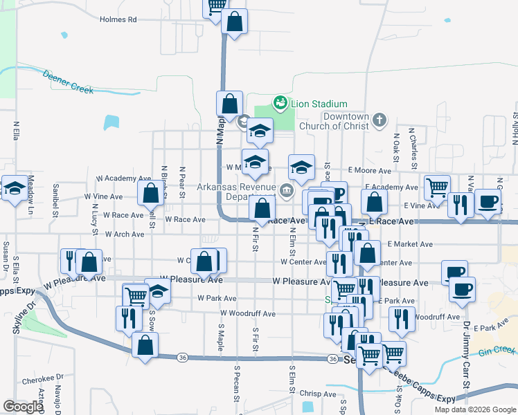 map of restaurants, bars, coffee shops, grocery stores, and more near 509 West Vine Avenue in Searcy