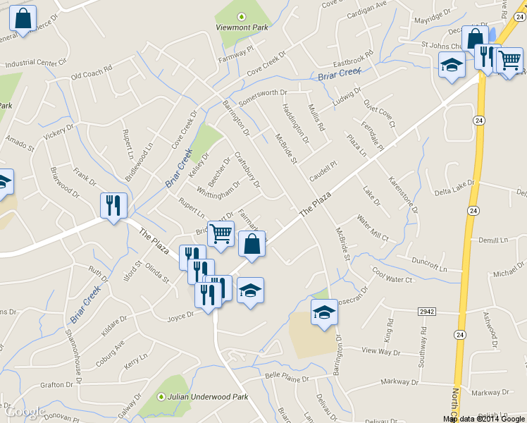 map of restaurants, bars, coffee shops, grocery stores, and more near 5937 Fairmarket Pl in Charlotte