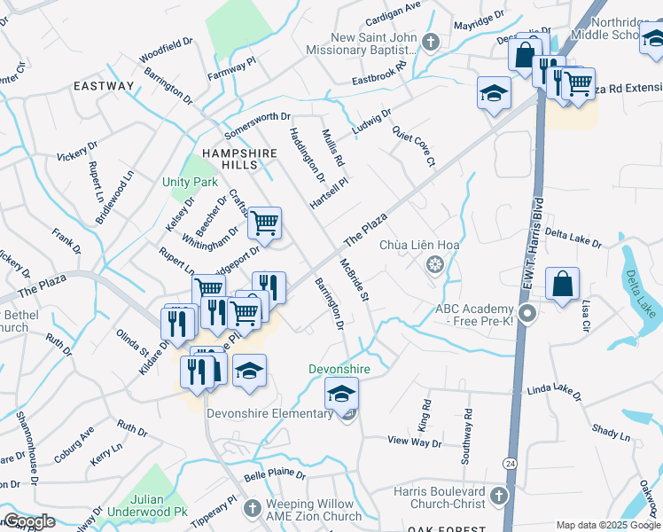 map of restaurants, bars, coffee shops, grocery stores, and more near 6530 The Plaza in Charlotte