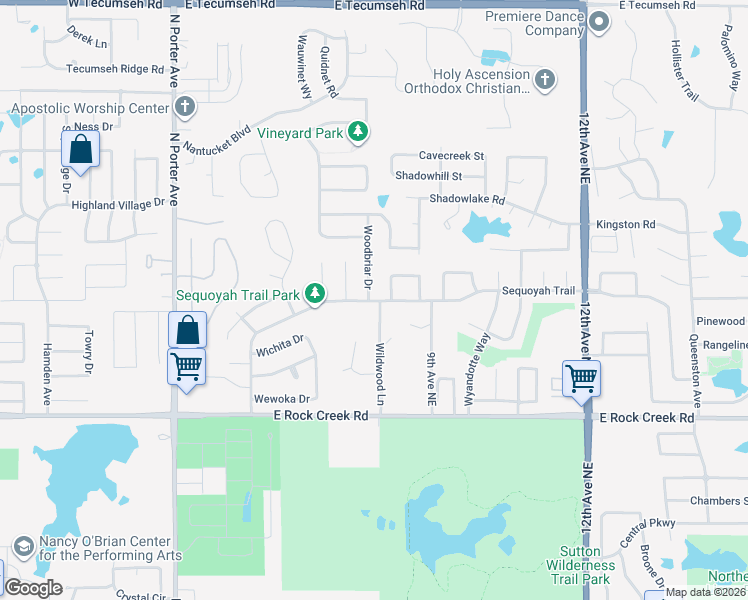 map of restaurants, bars, coffee shops, grocery stores, and more near 2701 Sequoyah Trail in Norman