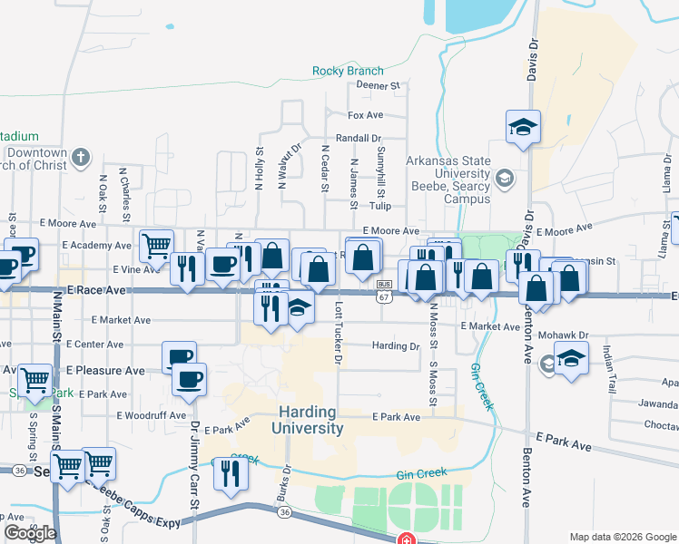 map of restaurants, bars, coffee shops, grocery stores, and more near 503 North Cross Street in Searcy