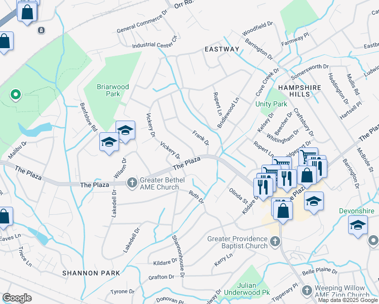 map of restaurants, bars, coffee shops, grocery stores, and more near 526 Briarwood Drive in Charlotte