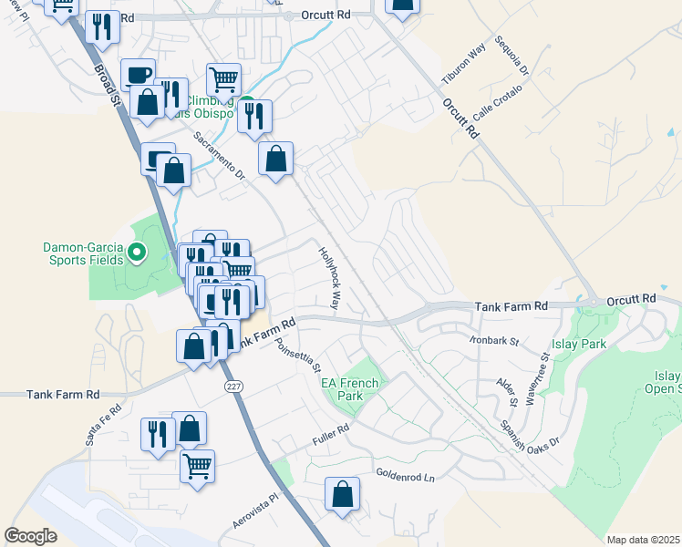 map of restaurants, bars, coffee shops, grocery stores, and more near 3972 Hollyhock Way in San Luis Obispo