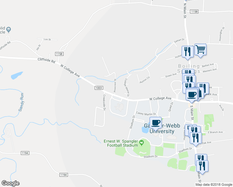 map of restaurants, bars, coffee shops, grocery stores, and more near 318 West College Avenue in Shelby