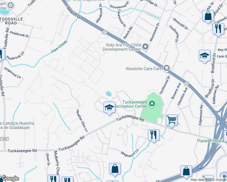 map of restaurants, bars, coffee shops, grocery stores, and more near 3419 Victoria Brook Lane in Charlotte