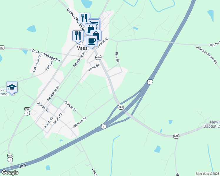 map of restaurants, bars, coffee shops, grocery stores, and more near 352 Main Street in Vass