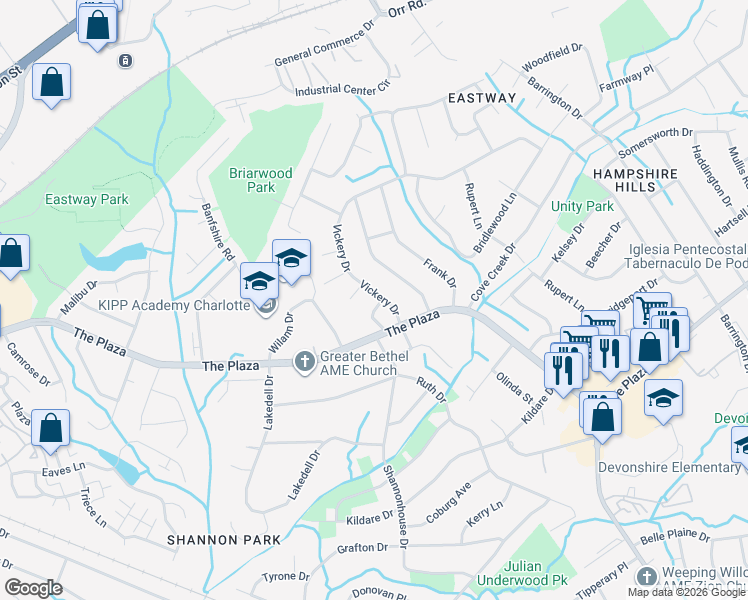 map of restaurants, bars, coffee shops, grocery stores, and more near 1100 Vickery Drive in Charlotte
