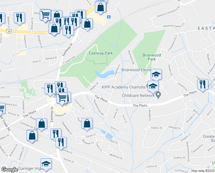 map of restaurants, bars, coffee shops, grocery stores, and more near in Charlotte