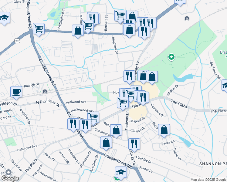 map of restaurants, bars, coffee shops, grocery stores, and more near 4038 Howie Circle in Charlotte