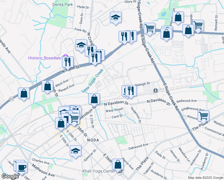 map of restaurants, bars, coffee shops, grocery stores, and more near 3750 Philemon Avenue in Charlotte