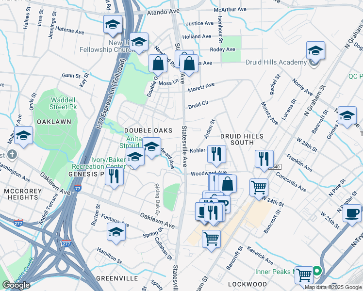 map of restaurants, bars, coffee shops, grocery stores, and more near 2219 Statesville Avenue in Charlotte