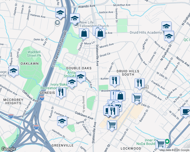 map of restaurants, bars, coffee shops, grocery stores, and more near 2219 Statesville Avenue in Charlotte