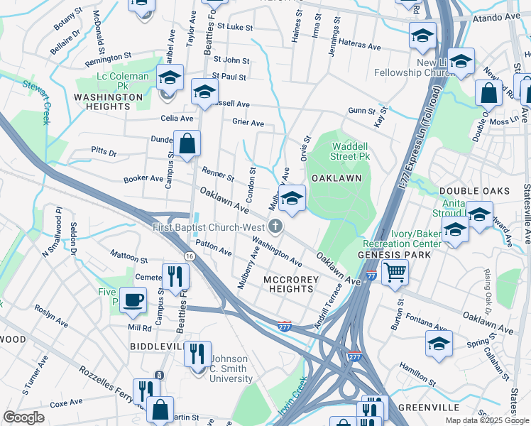 map of restaurants, bars, coffee shops, grocery stores, and more near 1826 Oaklawn Avenue in Charlotte