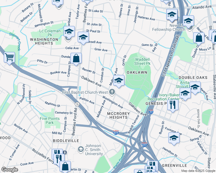 map of restaurants, bars, coffee shops, grocery stores, and more near 1826 Oaklawn Avenue in Charlotte