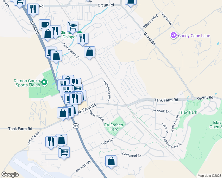 map of restaurants, bars, coffee shops, grocery stores, and more near 3972 Hollyhock Way in San Luis Obispo