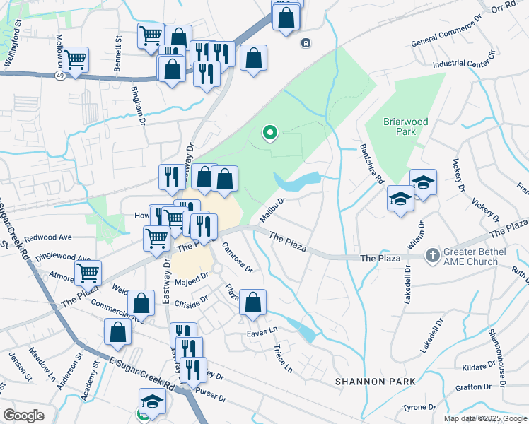 map of restaurants, bars, coffee shops, grocery stores, and more near 4817 Malibu Drive in Charlotte