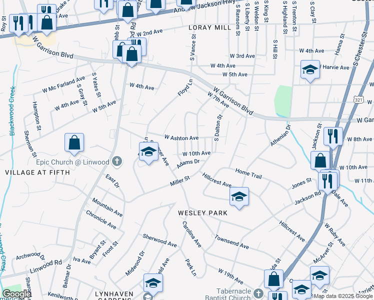 map of restaurants, bars, coffee shops, grocery stores, and more near 110 Dix Street in Gastonia