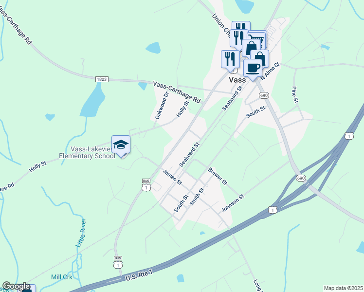 map of restaurants, bars, coffee shops, grocery stores, and more near 3681 U.S. Route 1 in Vass