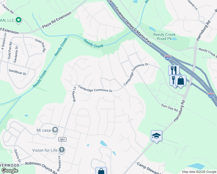map of restaurants, bars, coffee shops, grocery stores, and more near 8505 Boxford Court in Charlotte
