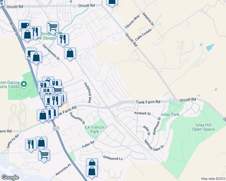 map of restaurants, bars, coffee shops, grocery stores, and more near 4110 Righetti Ranch Road in San Luis Obispo