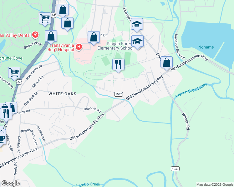 map of restaurants, bars, coffee shops, grocery stores, and more near 87 Cherry St in Brevard