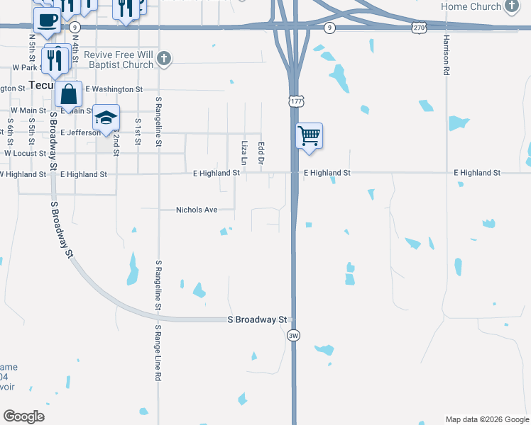 map of restaurants, bars, coffee shops, grocery stores, and more near 604 Timber Ridge Drive in Tecumseh