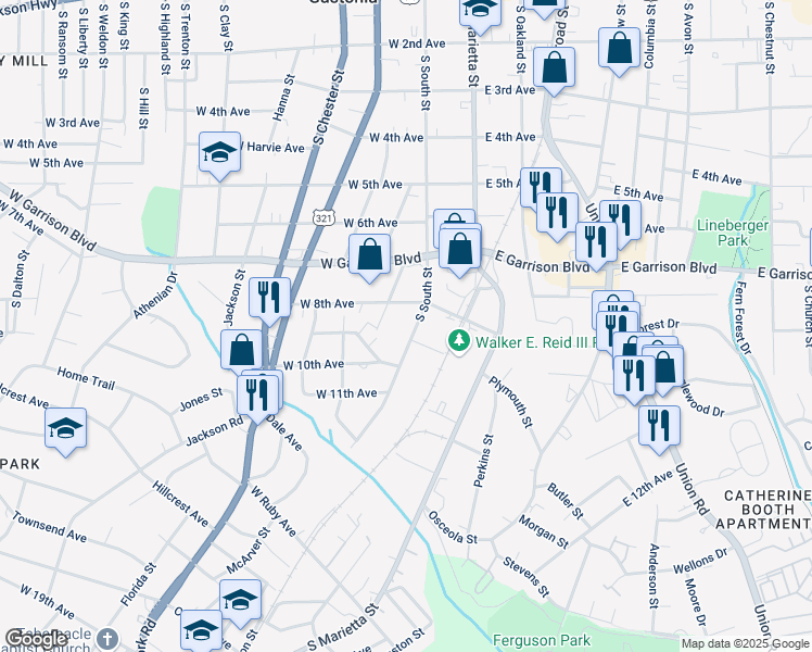 map of restaurants, bars, coffee shops, grocery stores, and more near 909 S South St in Gastonia