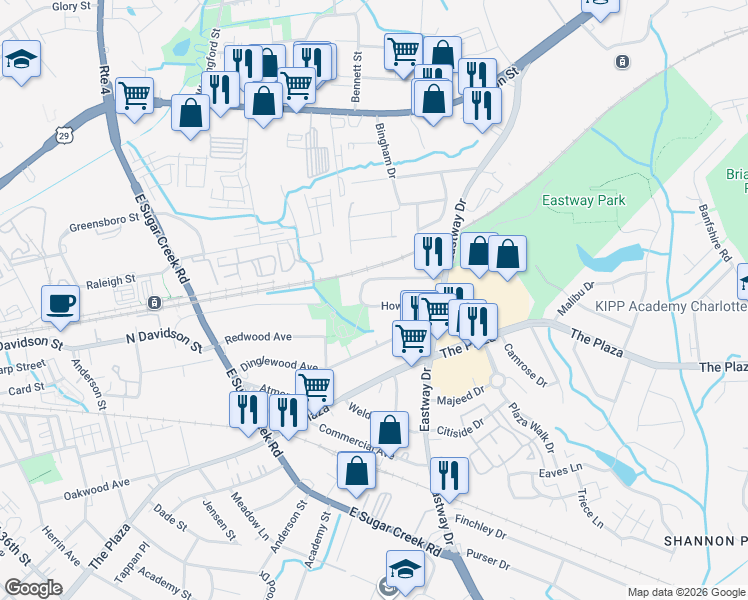 map of restaurants, bars, coffee shops, grocery stores, and more near in Charlotte