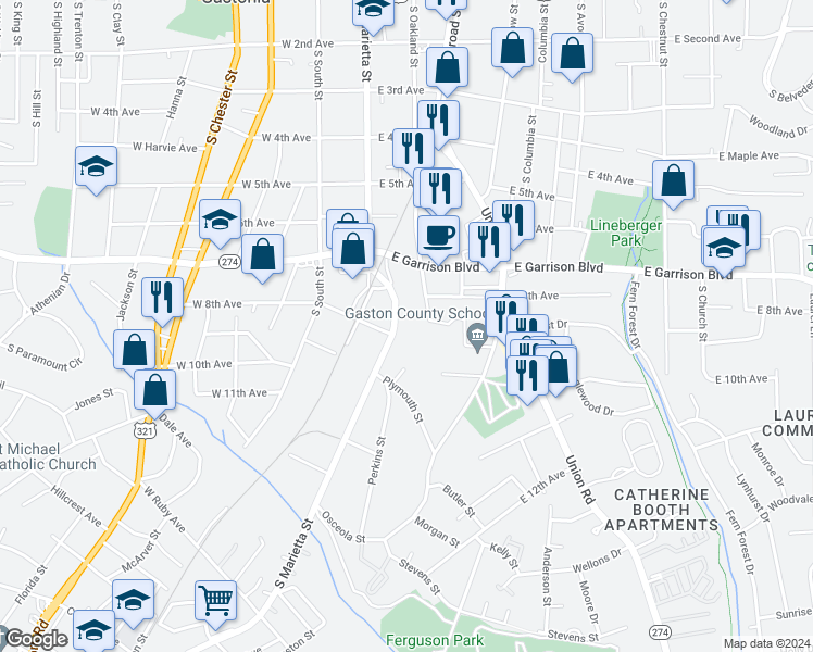 map of restaurants, bars, coffee shops, grocery stores, and more near 916 South Marietta Street in Gastonia