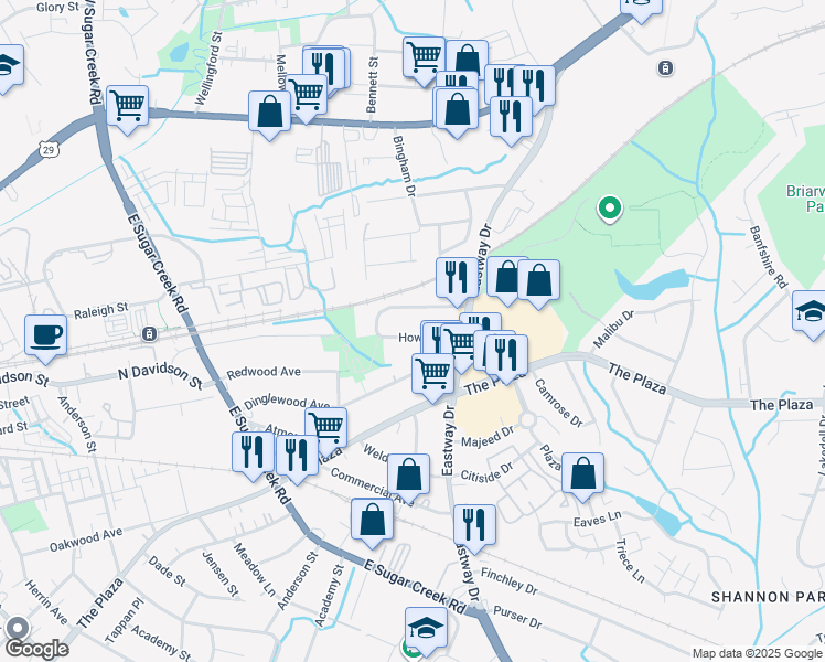 map of restaurants, bars, coffee shops, grocery stores, and more near 4038 Howie Circle in Charlotte