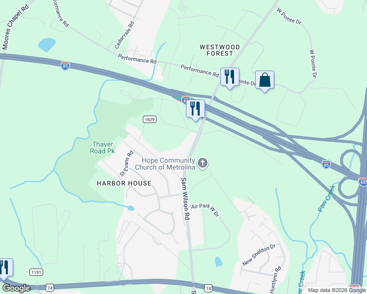 map of restaurants, bars, coffee shops, grocery stores, and more near 3110 Sam Wilson Road in Charlotte